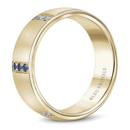 7.50mm Bleu Royale Wedding Band in Yellow Gold With 9 RD, TCW 0.25ct nd 9 RD, TCW 0.2ct