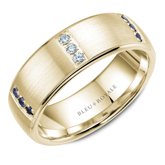 7.50mm Bleu Royale Wedding Band in Yellow Gold With 9 RD, TCW 0.25ct nd 9 RD, TCW 0.2ct
