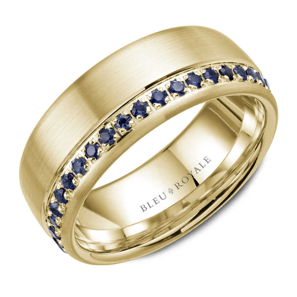 8.50mm Bleu Royale Wedding Band in Yellow Gold With 38 RD, TCW 0.87ct