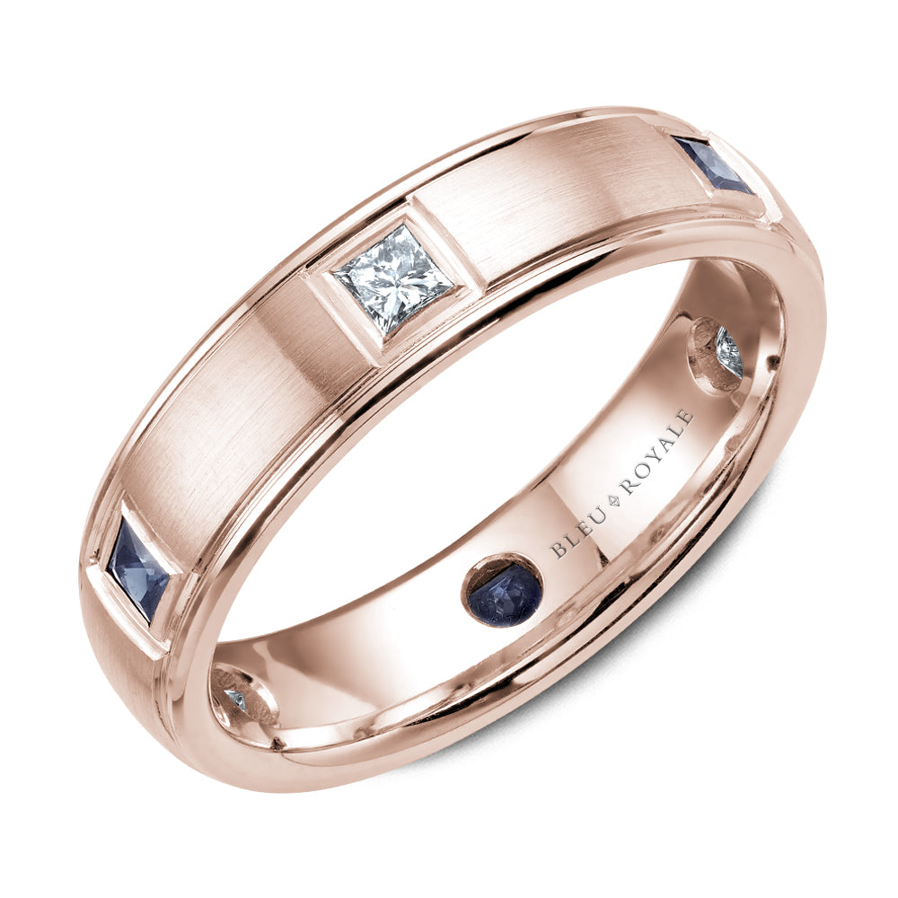 5.50mm Bleu Royale Wedding Band in Rose Gold With 3 PR, TCW 0.33ct nd 3 PR, TCW 0.3ct