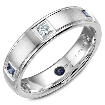 5.50mm Bleu Royale Wedding Band in White Gold With 3 PR, TCW 0.33ct nd 3 PR, TCW 0.3ct
