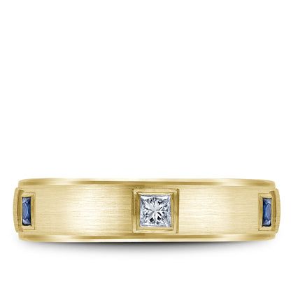 5.50mm Bleu Royale Wedding Band in Yellow Gold With 3 PR, TCW 0.33ct nd 3 PR, TCW 0.3ct