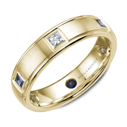 5.50mm Bleu Royale Wedding Band in Yellow Gold With 3 PR, TCW 0.33ct nd 3 PR, TCW 0.3ct