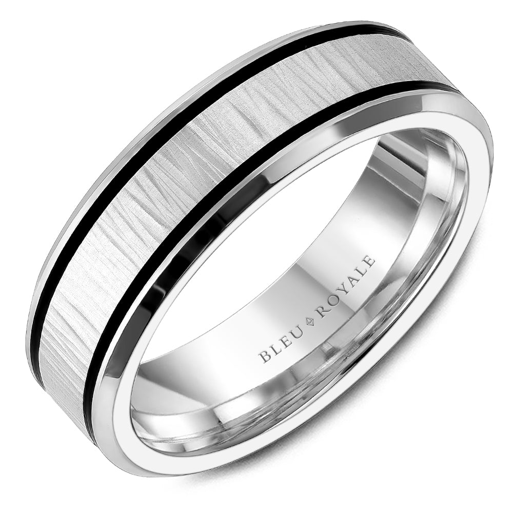 6.50mm Bleu Royale Wedding Band in White Gold With Black Enamel