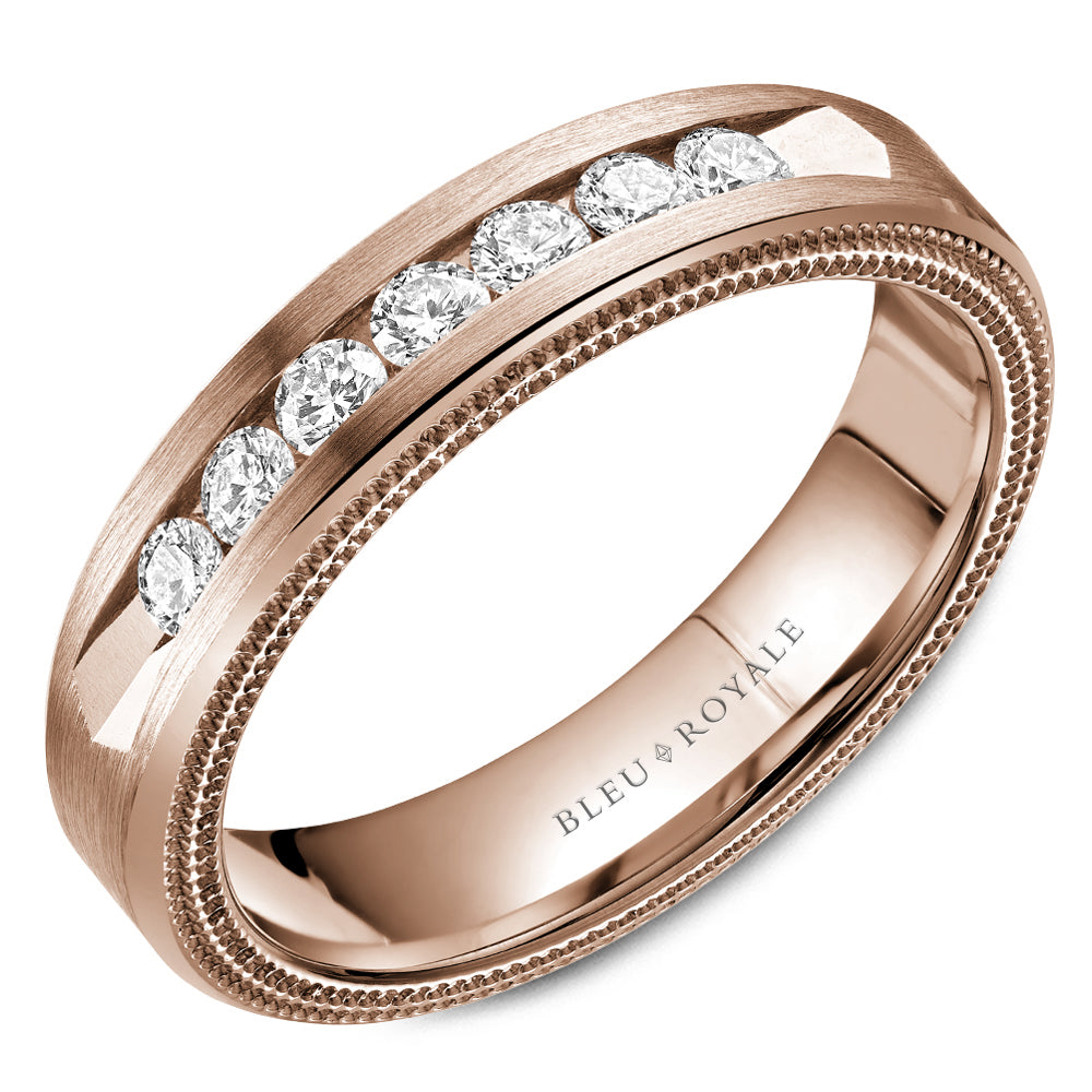 5.50mm Bleu Royale Wedding Band in Rose Gold With 7 RD, TCW 0.49ct