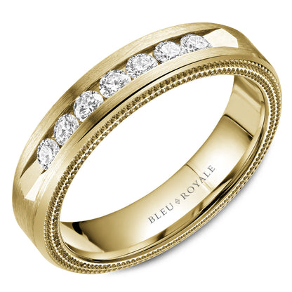 5.50mm Bleu Royale Wedding Band in Yellow Gold With 7 RD, TCW 0.49ct