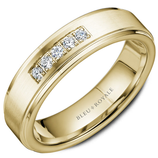 5.50mm Bleu Royale Wedding Band in Yellow Gold With 5 RD, TCW 0.25ct
