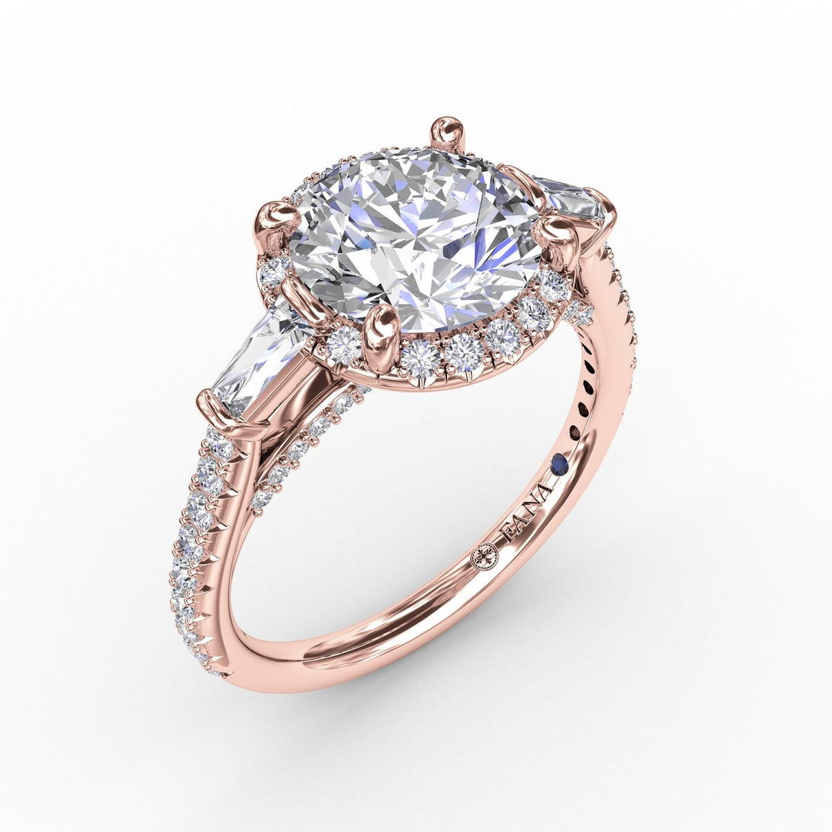 Classic Round Diamond Halo Engagement Ring With Tapered Baguettes