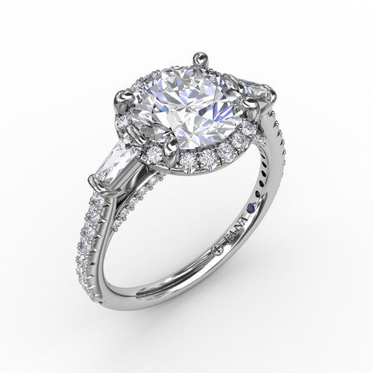 Classic Round Diamond Halo Engagement Ring With Tapered Baguettes