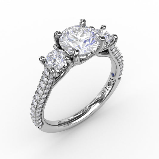 Classic Three-Stone Round Diamond Engagement Ring With Pavé Band