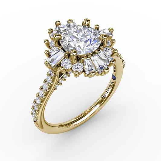 Bold Mixed Shape Diamond Halo Ballerina Style Engagement Ring With Diamond Band