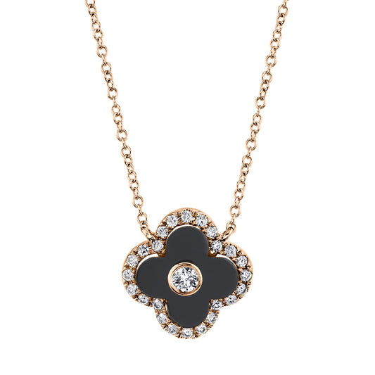 0.25Ct Diamond & 2.94Ct Black Onyx 14K R/G Bezel Clover Necklace