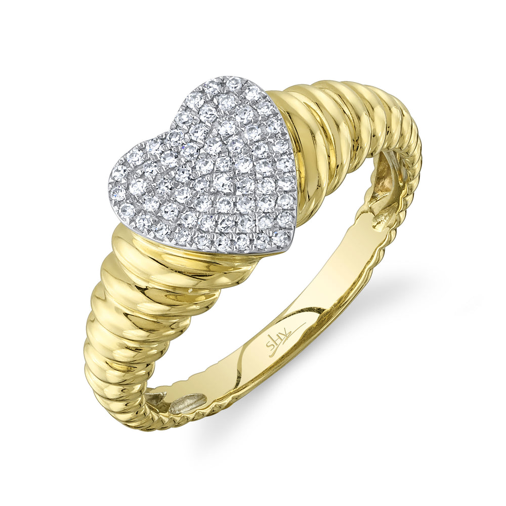 0.17Ct 14K Y/G Diamond Pave Ribbed Heart Signet Ring