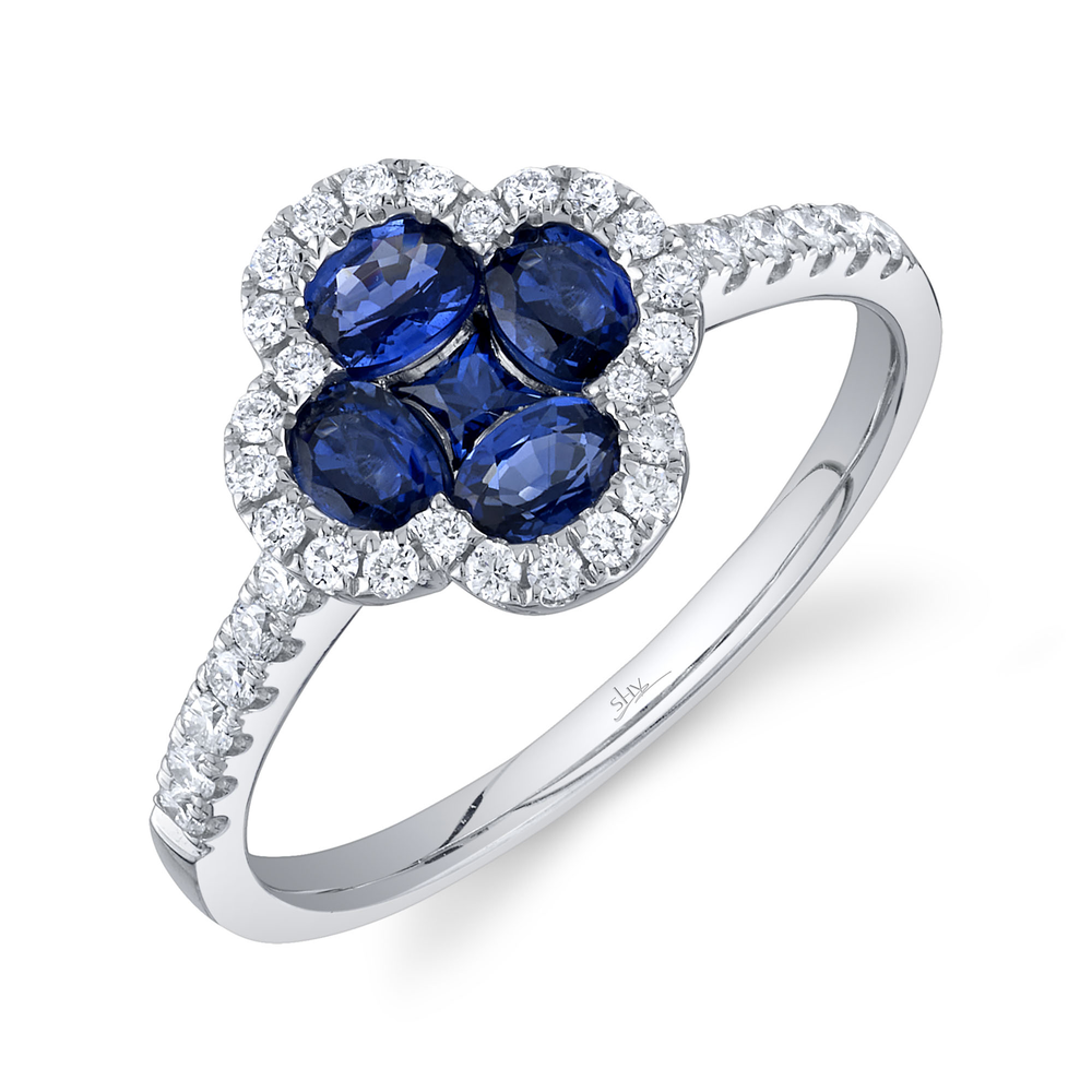 0.30Ct Diamond & 1.20Ct Blue Sapphire 14K W/G Clover Ring