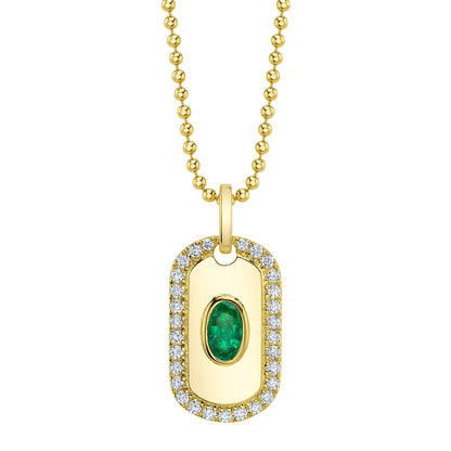 0.19Ct Diamond & 0.21Ct Emerald 14K Y/G Oval Dog Tag Ball Chain Necklace
