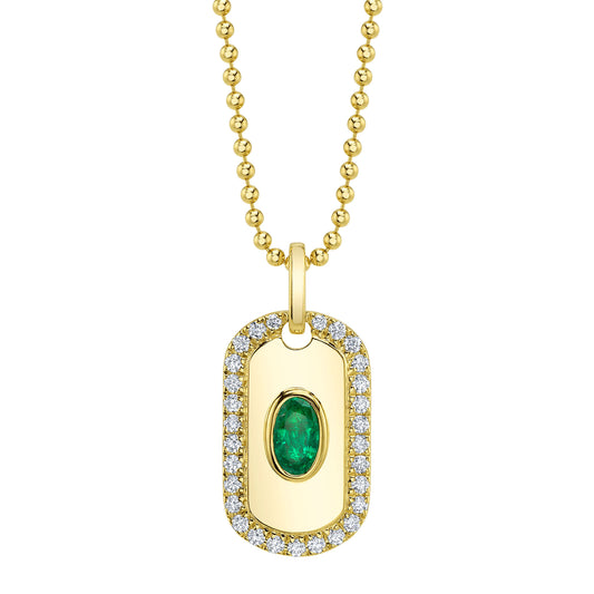 0.19Ct Diamond & 0.21Ct Emerald 14K Y/G Oval Dog Tag Ball Chain Necklace
