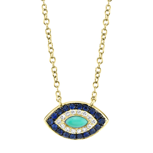 0.05Ct Diamond & 0.20Ct Blue Sapphire & Composite Turquoise 14K Y/G Eye Necklace