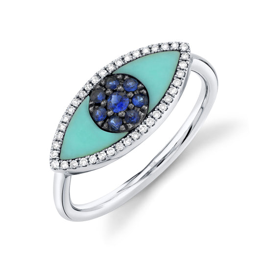0.09Ct Diamond & 0.62Ct Blue Sapphire & Composite Turquoise 14K W/G Eye Ring