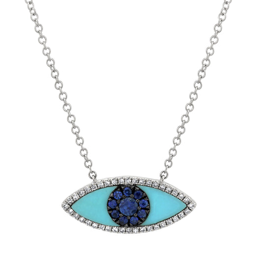 0.09Ct Diamond & 0.65Ct Blue Sapphire & Composite Turquoise 14K W/G Eye Necklace