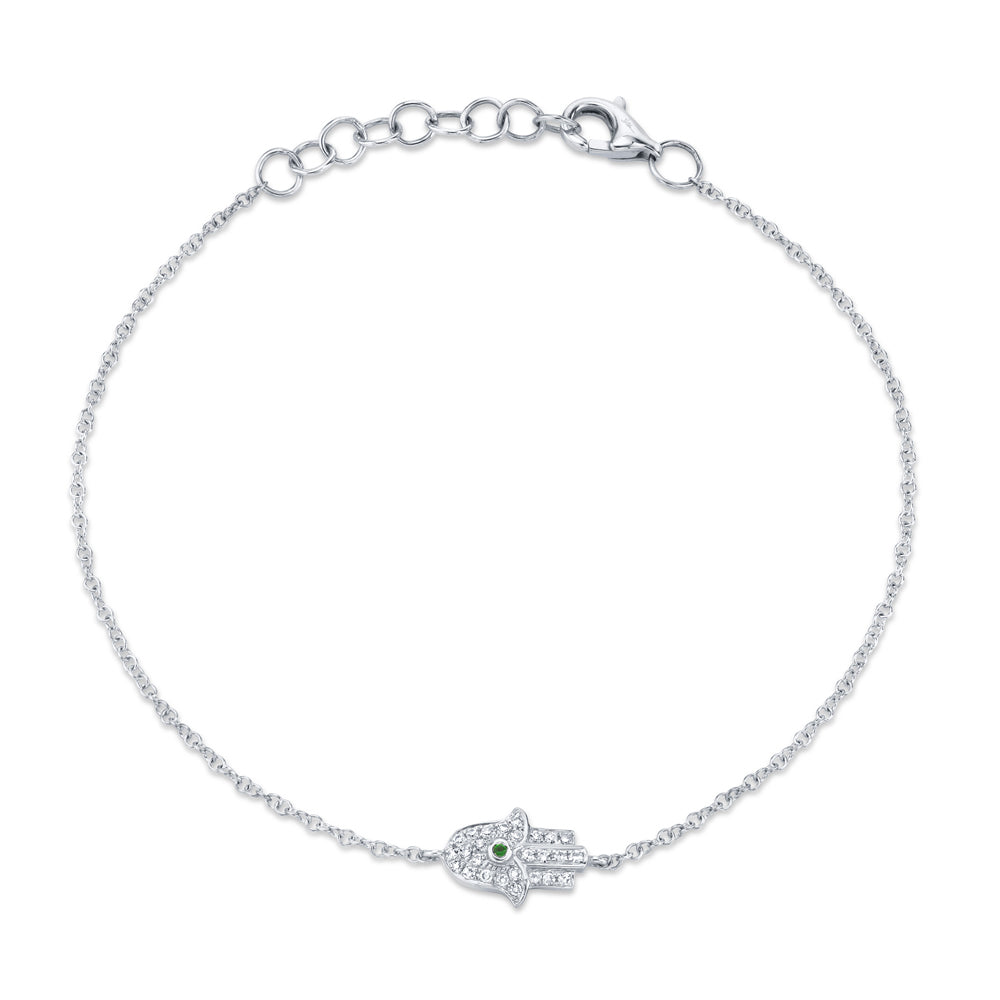 0.08Ct Diamond & 0.01Ct Emerald 14K W/G Hamsa Bracelet