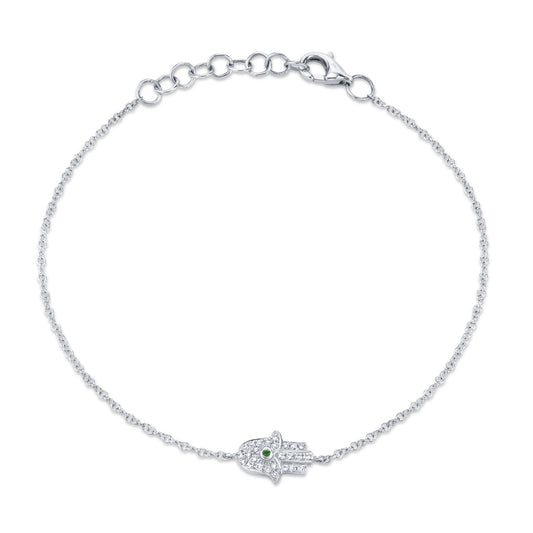 0.08Ct Diamond & 0.01Ct Emerald 14K W/G Hamsa Bracelet