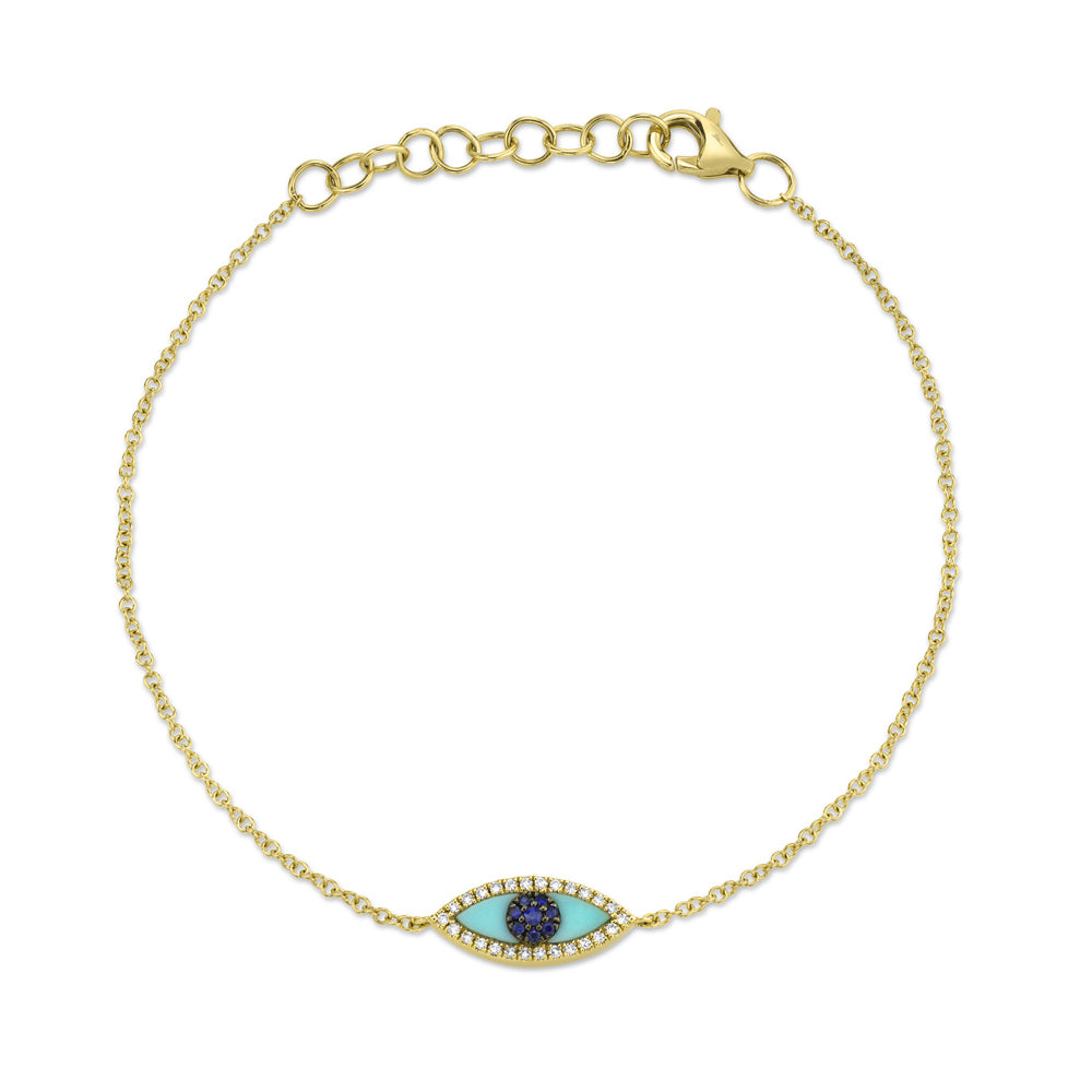 0.06Ct Diamond & 0.20Ct Blue Sapphire & Composite Turquoise 14K Y/G Eye Bracelet