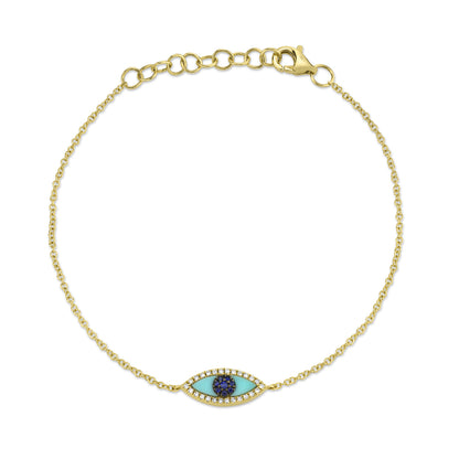 0.06Ct Diamond & 0.20Ct Blue Sapphire & Composite Turquoise 14K Y/G Eye Bracelet