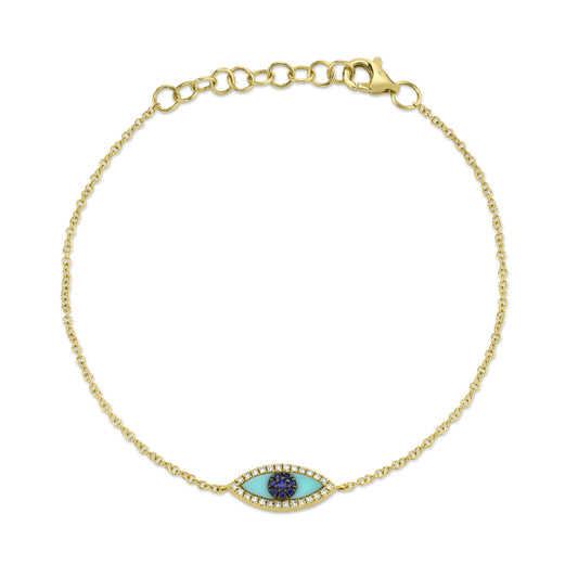 0.06Ct Diamond & 0.20Ct Blue Sapphire & Composite Turquoise 14K Y/G Eye Bracelet
