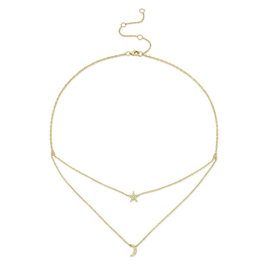 0.09Ct 14K Y/G Diamond Pave Moon & Star Necklace