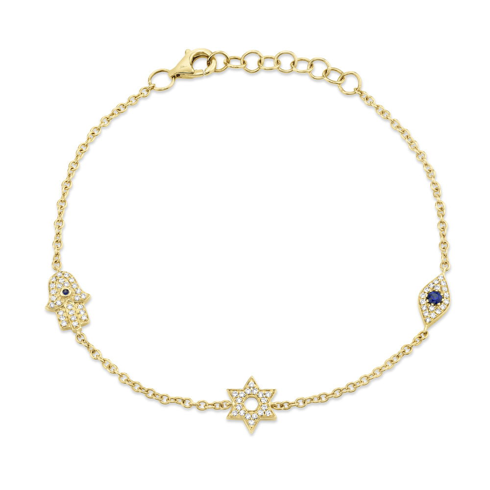 0.15Ct Diamond & 0.06Ct Blue Sapphire 14K Y/G Hamsa Star Eye Bracelet