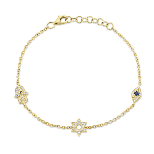 0.15Ct Diamond & 0.06Ct Blue Sapphire 14K Y/G Hamsa Star Eye Bracelet