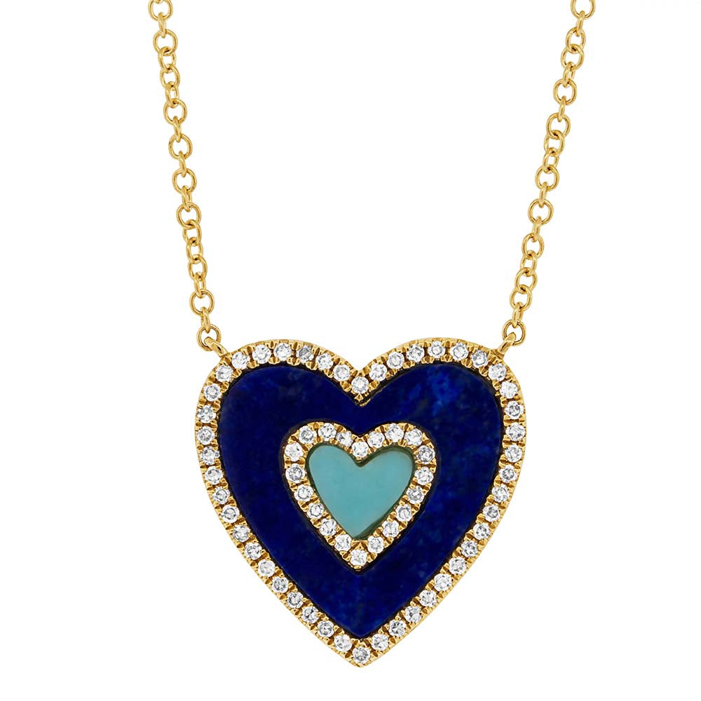 0.17Ct Diamond & 0.96Ct Lapis & Composite Turquoise 14K Y/G Heart Necklace