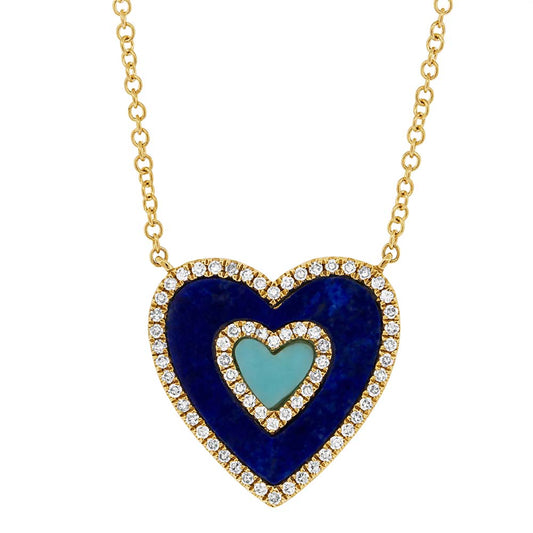 0.17Ct Diamond & 0.96Ct Lapis & Composite Turquoise 14K Y/G Heart Necklace