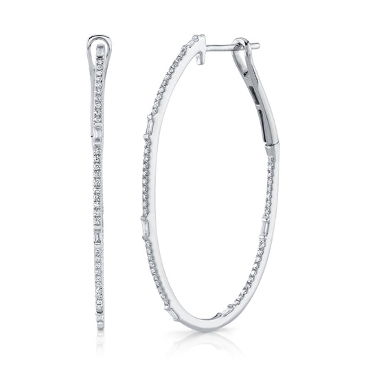 0.44Ct 14K W/G Diamond Baguette Oval Hoop Earring