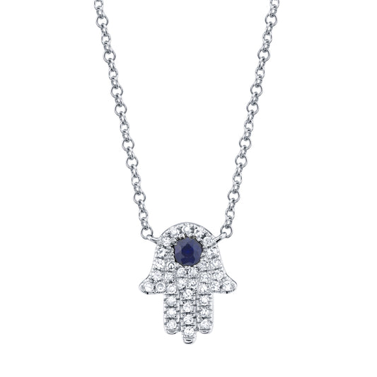 0.09Ct Diamond & 0.08Ct Blue Sapphire 14K W/G Hamsa Necklace