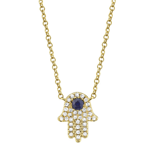 0.09Ct Diamond & 0.08Ct Blue Sapphire 14K Y/G Hamsa Necklace