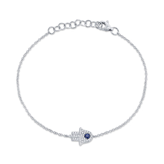 0.09Ct Diamond & 0.08Ct Blue Sapphire 14K W/G Hamsa Bracelet