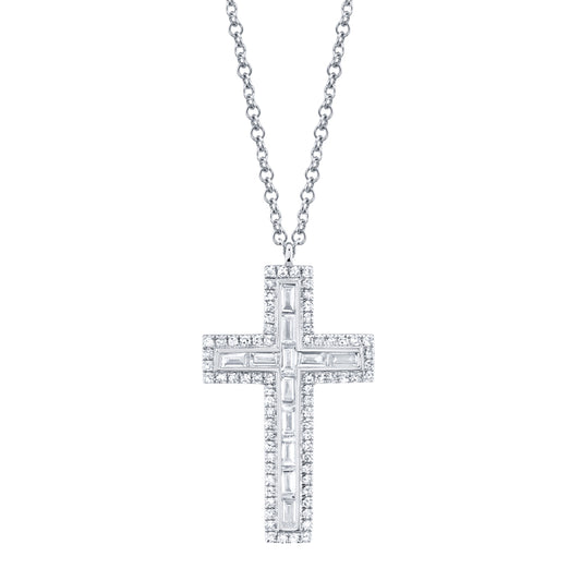 0.31Ct 14K W/G Diamond Baguette Cross Necklace