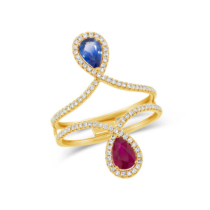 0.30Ct Diamond & 0.99Ct Ruby & Blue Sapphire 14K Y/G Pear Ring