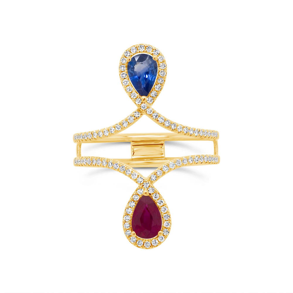 0.30Ct Diamond & 0.99Ct Ruby & Blue Sapphire 14K Y/G Pear Ring