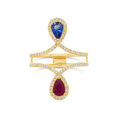 0.30Ct Diamond & 0.99Ct Ruby & Blue Sapphire 14K Y/G Pear Ring