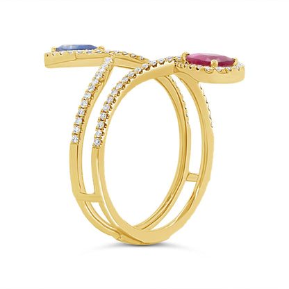 0.30Ct Diamond & 0.99Ct Ruby & Blue Sapphire 14K Y/G Pear Ring