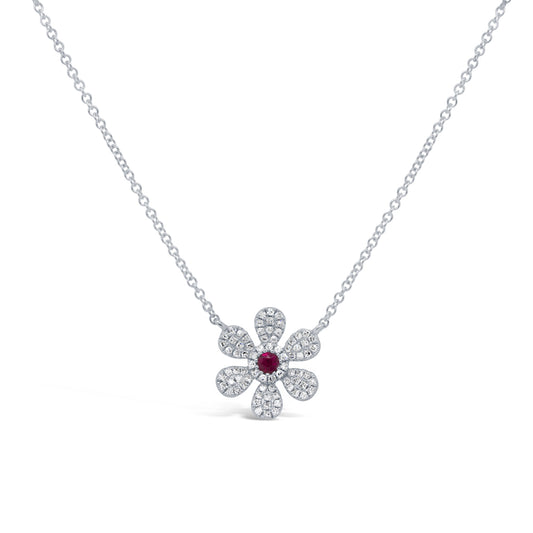 0.17Ct Diamond & 0.07Ct Ruby 14K W/G Flower Necklace