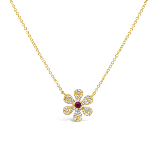 0.17Ct Diamond & 0.07Ct Ruby 14K Y/G Flower Necklace