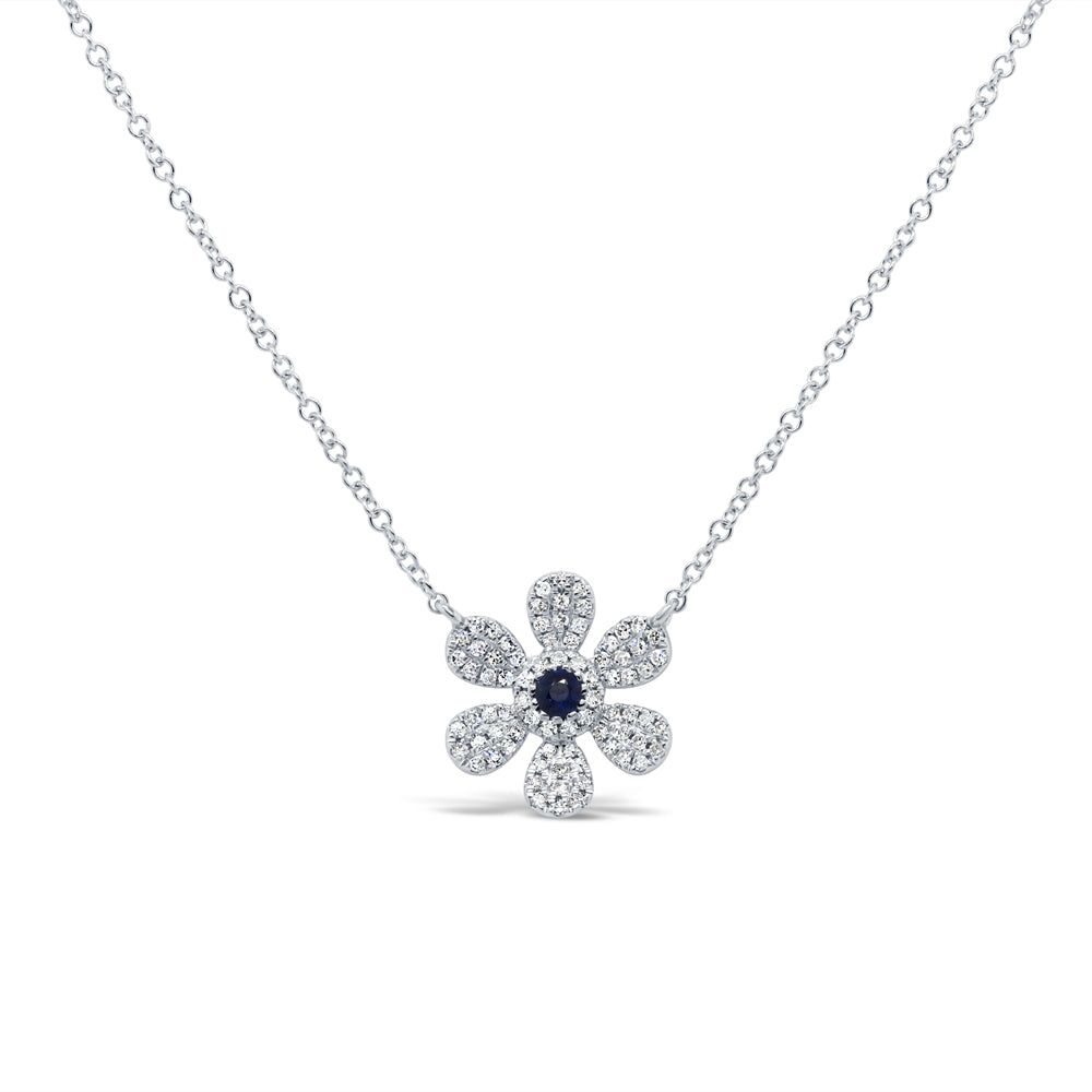 0.17Ct Diamond & 0.06Ct Blue Sapphire 14K W/G Flower Necklace