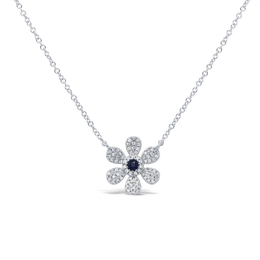 0.17Ct Diamond & 0.06Ct Blue Sapphire 14K W/G Flower Necklace