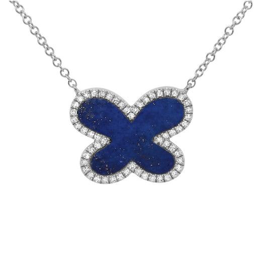 0.12Ct Diamond & 1.27Ct Lapis 14K W/G Butterfly Necklace