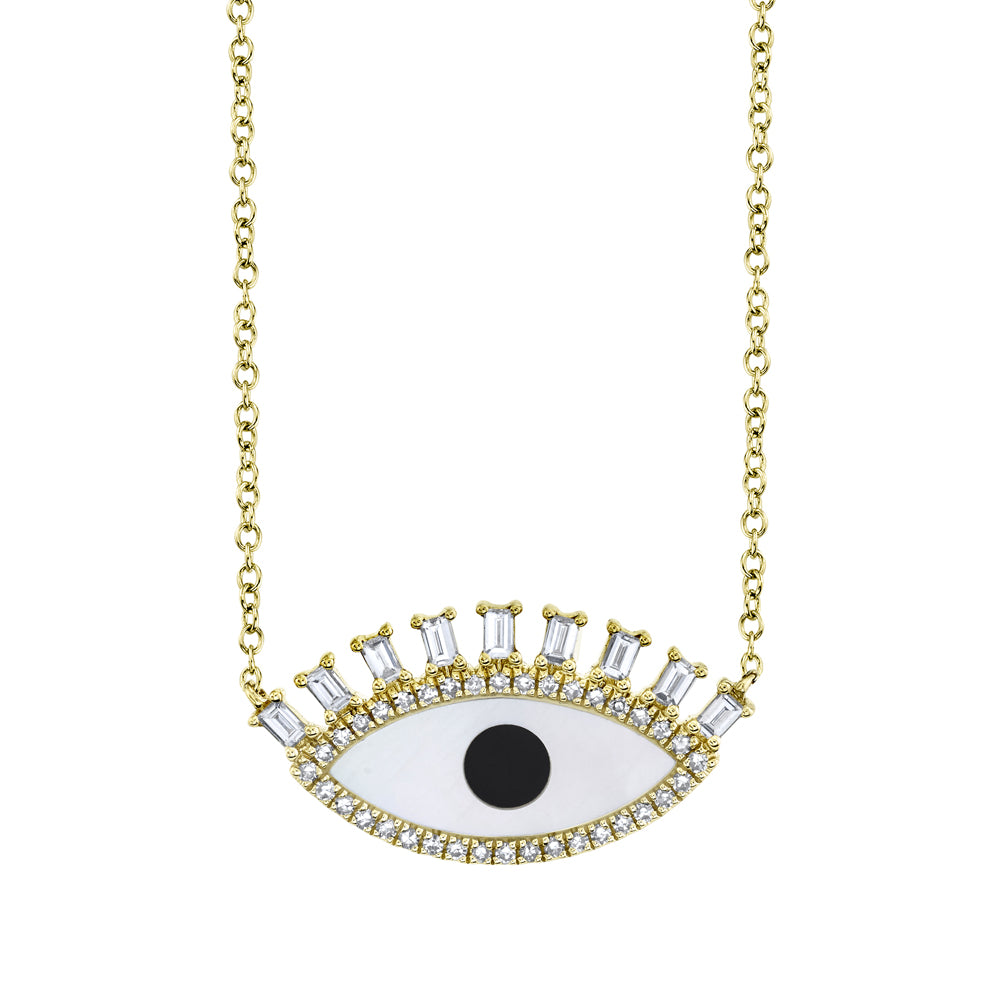 0.29Ct Diamond & 0.94Ct Black Onyx & Mother Of Pearl 14K Y/G Baguette Eye Necklace