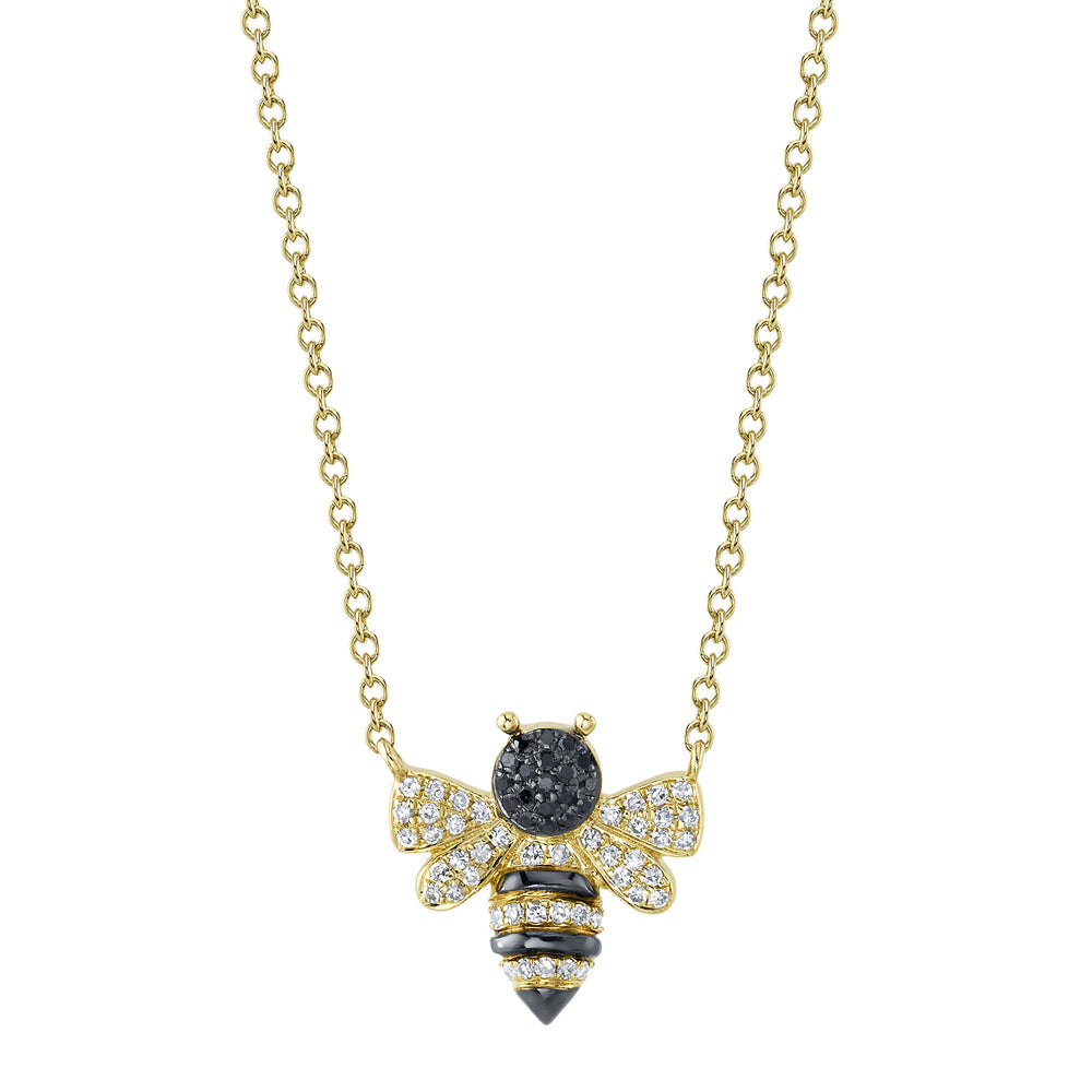 0.15Ct 14K Y/G Black & White Diamond Bee Necklace