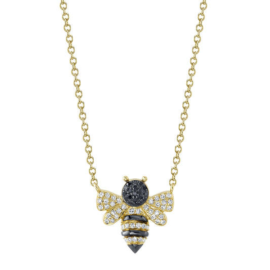 0.15Ct 14K Y/G Black & White Diamond Bee Necklace